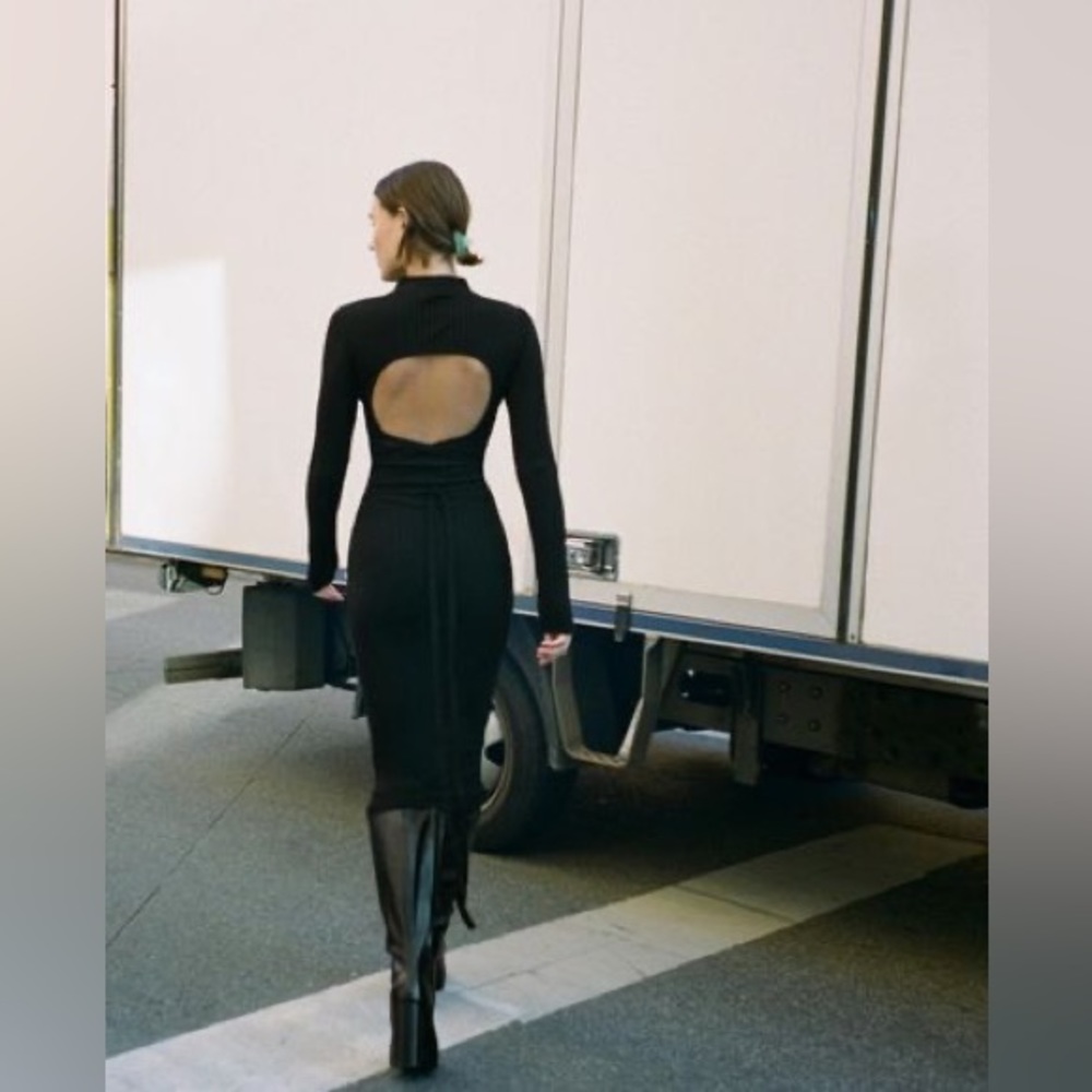 zara knit rib black cutout dress